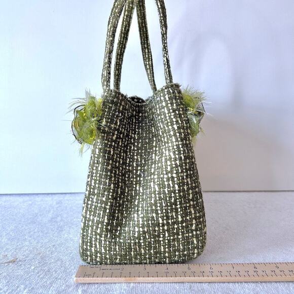 Vintage Y2K Green Preppy Funky Beads Tweed Cottage Girly Handbag Purse - Picture 6 of 11